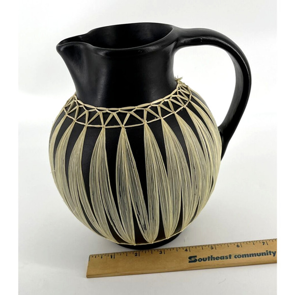 Vintage GMUNDNER KERAMIK Black Stoneware Pitcher Wrapped in Raffia Tribal - Picture 10 of 16